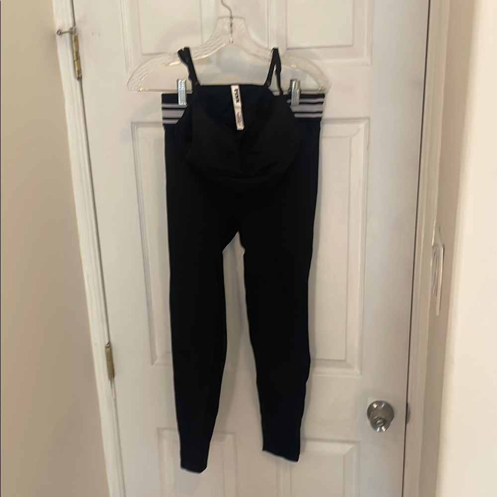 Pink Black Leggings with fold over waist and coordinating sports bra top